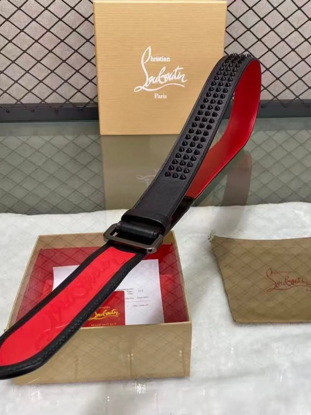 NEW-Christian Louboutin LOUBI Belt (Black Exterior with Red Lining) Calf Leather